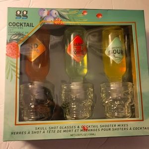 Set 3 skull shot glasses and 3 cocktail mixersOld fashioned, hard lemonade, whi